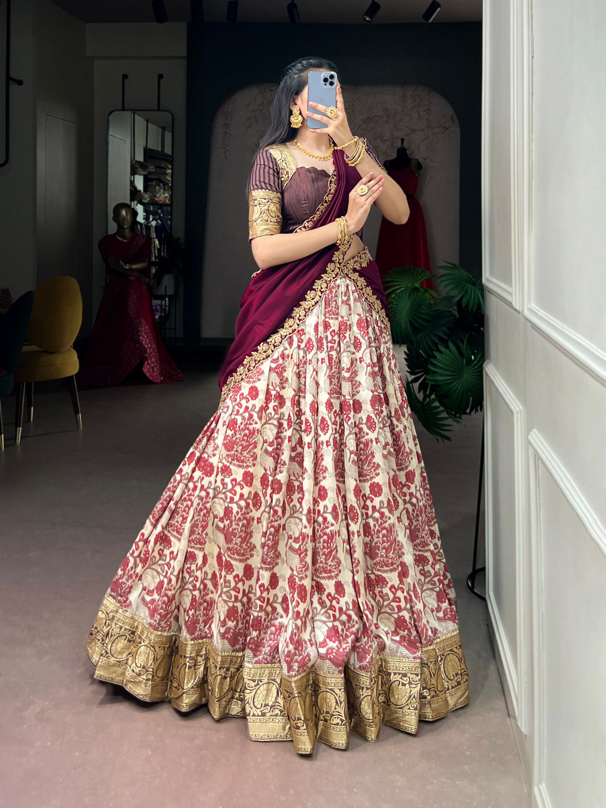 Maroon Tasar Silk Printed Lehenga ClothsVilla
