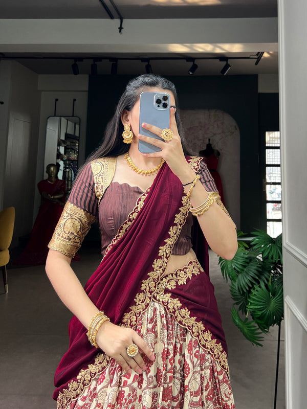 Maroon Tasar Silk Printed Lehenga ClothsVilla