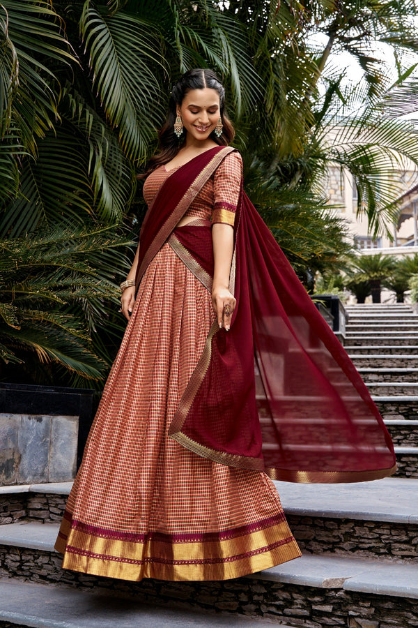 Maroon Traditional Kanchi Cotton Lehenga ClothsVilla