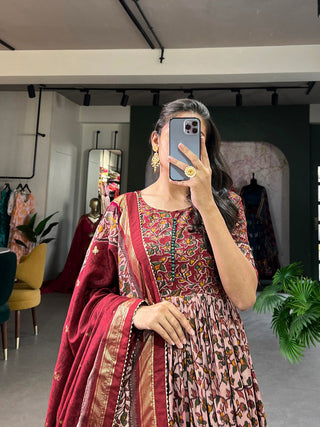 Maroon Tussar Silk Floral Gown with Foil Print & Dupatta ClothsVilla