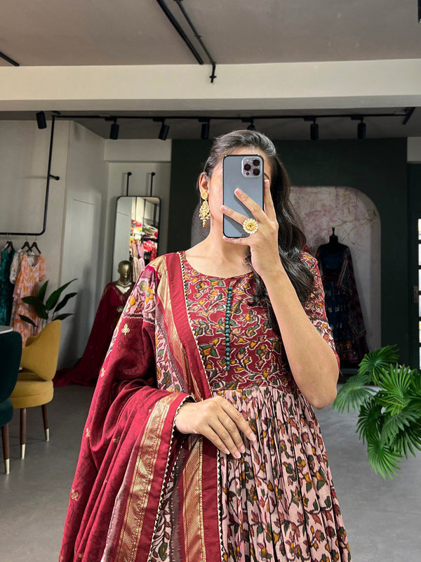Maroon Tussar Silk Floral Gown with Foil Print & Dupatta ClothsVilla