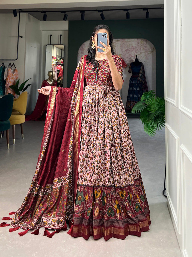 Maroon Tussar Silk Floral Gown with Foil Print & Dupatta ClothsVilla