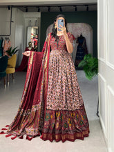 Load image into Gallery viewer, Maroon Tussar Silk Floral Gown with Foil Print &amp; Dupatta ClothsVilla