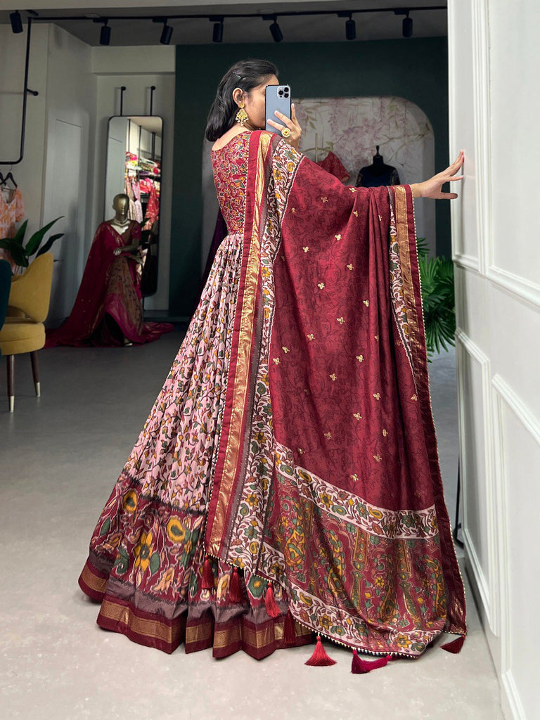 Maroon Tussar Silk Floral Gown with Foil Print & Dupatta ClothsVilla