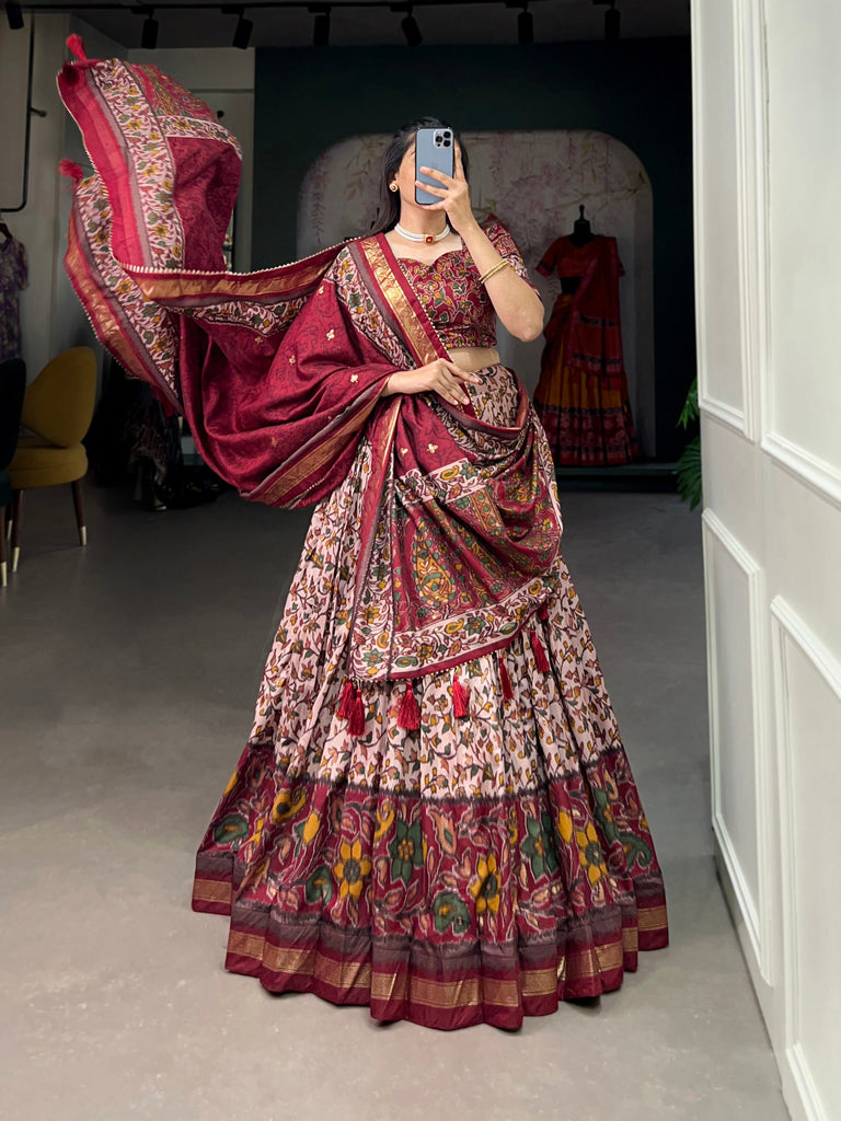 Maroon Tussar Silk Lehenga Choli with Foil Print ClothsVilla