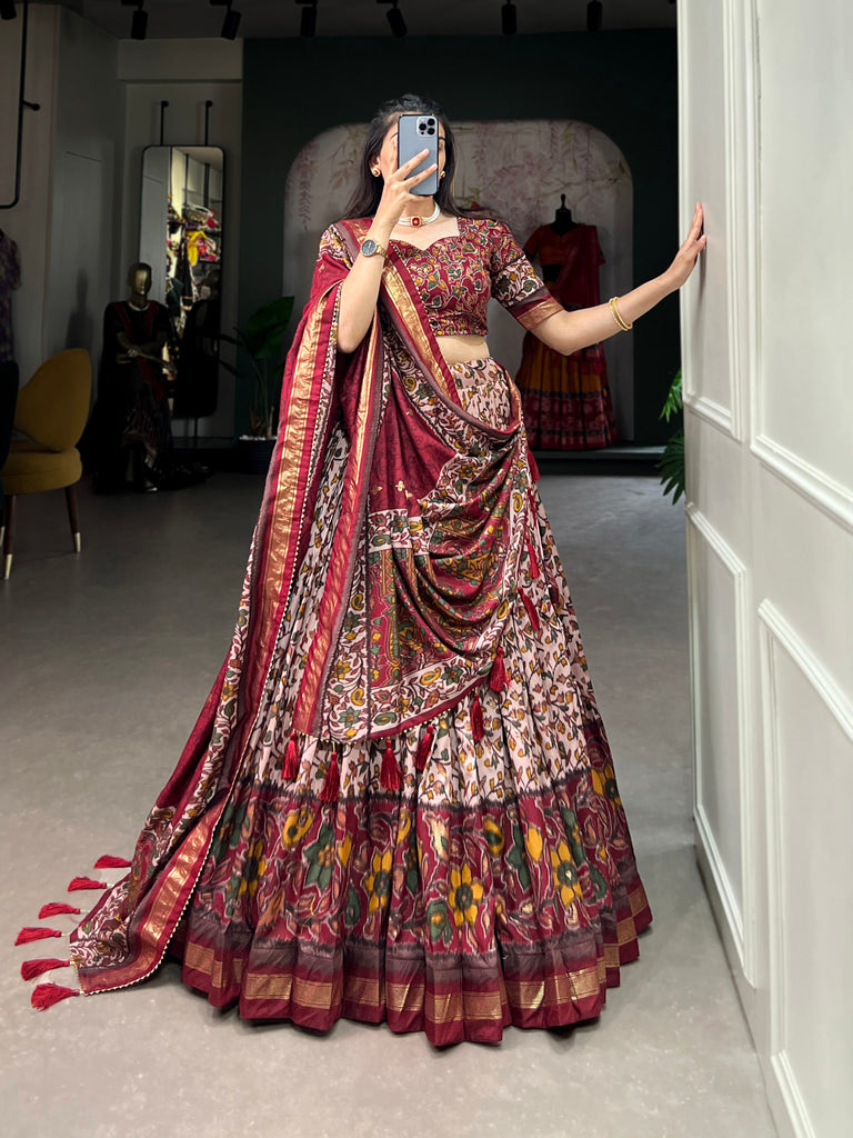 Maroon Tussar Silk Lehenga Choli with Foil Print ClothsVilla