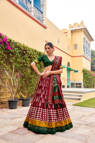 Maroon Tussar Silk Lehenga Choli with Printed Foil Work ClothsVilla