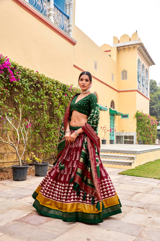 Maroon Tussar Silk Lehenga Choli with Printed Foil Work ClothsVilla