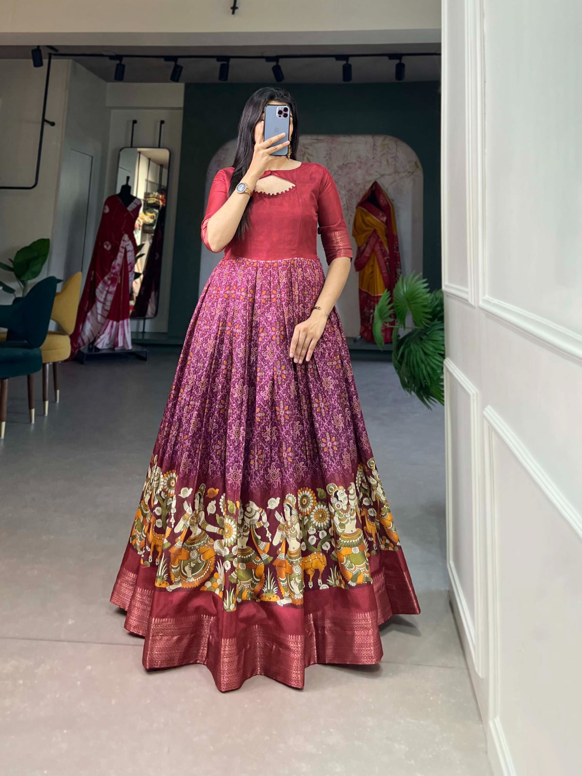 Maroon Tussar Silk Printed Gown with Woven Border ClothsVilla
