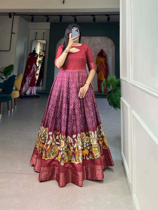Maroon Tussar Silk Printed Gown with Woven Border ClothsVilla