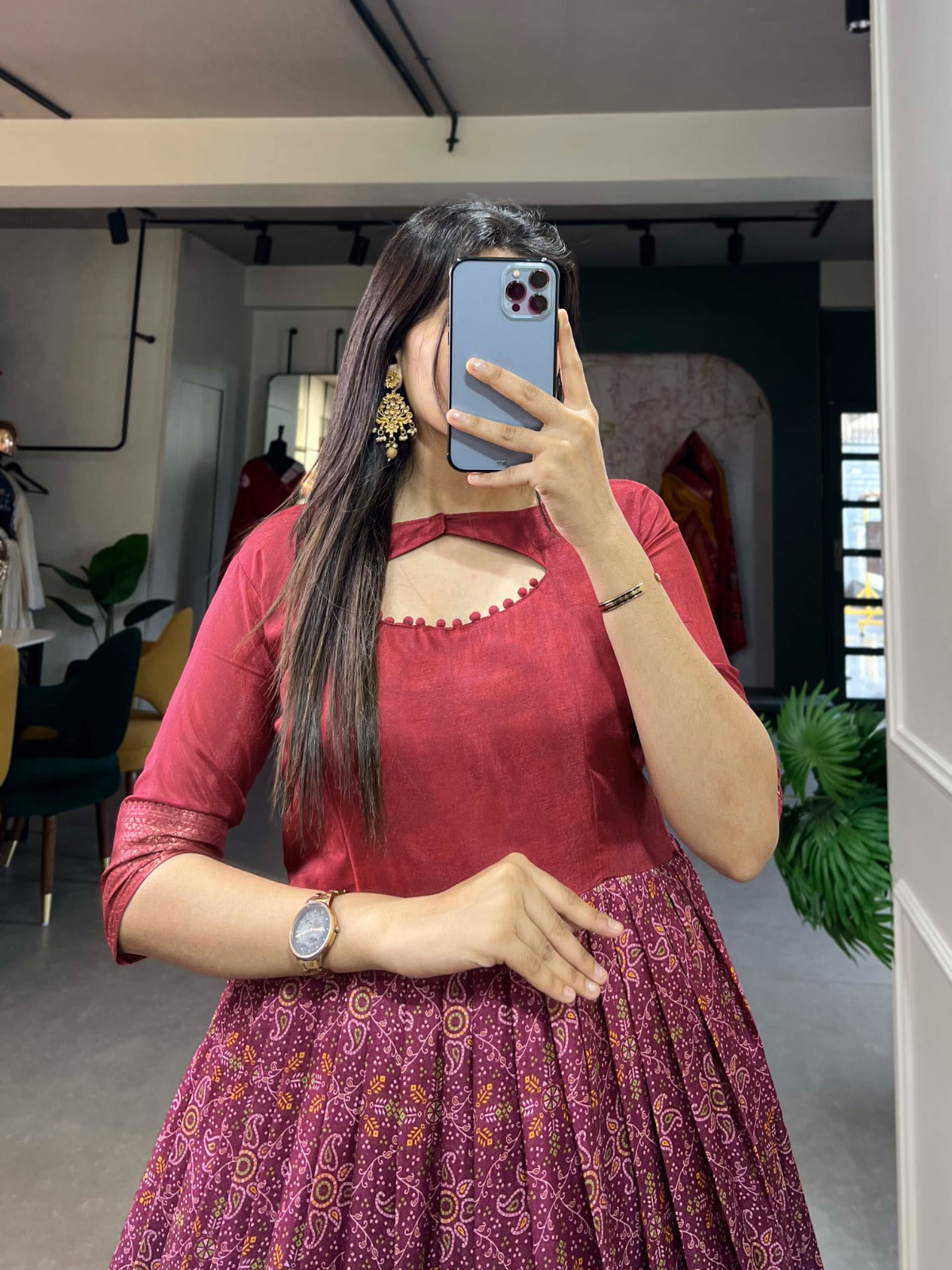 Maroon Tussar Silk Printed Gown with Woven Border ClothsVilla