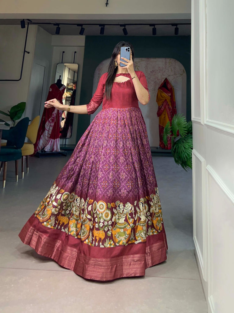 Maroon Tussar Silk Printed Gown with Woven Border ClothsVilla