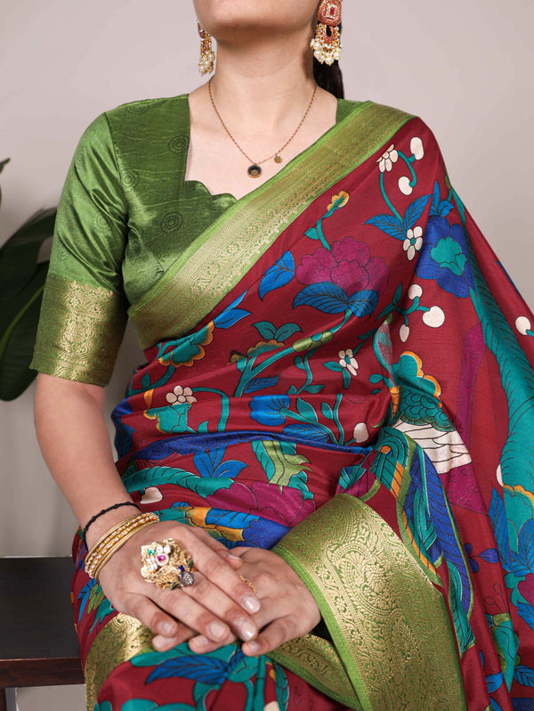 Maroon Tussar Silk Printed Saree with Zari Weaving Work & Viscose Border Blouse ClothsVilla