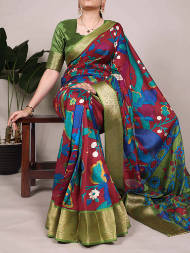 Maroon Tussar Silk Printed Saree with Zari Weaving Work & Viscose Border Blouse ClothsVilla
