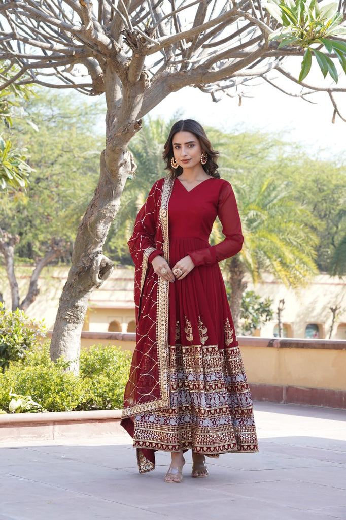 Elegant Maroon V-Neck Faux Blooming Gown with Sequined Embroidery and Dupatta ClothsVilla