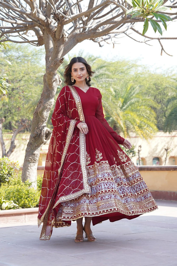 Elegant Maroon V-Neck Faux Blooming Gown with Sequined Embroidery and Dupatta ClothsVilla