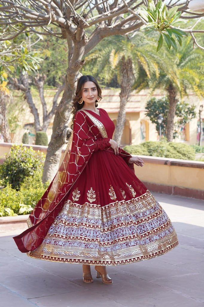 Elegant Maroon V-Neck Faux Blooming Gown with Sequined Embroidery and Dupatta ClothsVilla