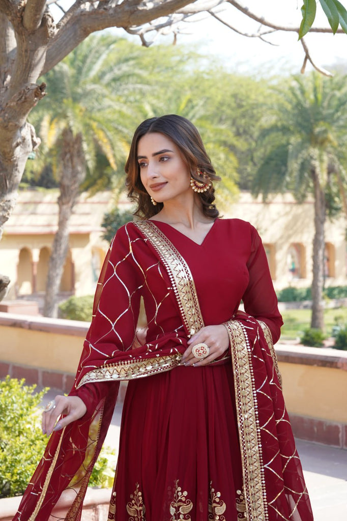 Elegant Maroon V-Neck Faux Blooming Gown with Sequined Embroidery and Dupatta ClothsVilla
