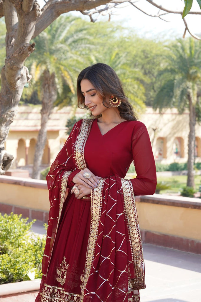 Elegant Maroon V-Neck Faux Blooming Gown with Sequined Embroidery and Dupatta ClothsVilla