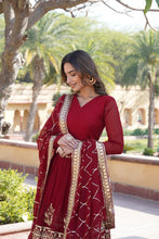 Load image into Gallery viewer, Elegant Maroon V-Neck Faux Blooming Gown with Sequined Embroidery and Dupatta ClothsVilla
