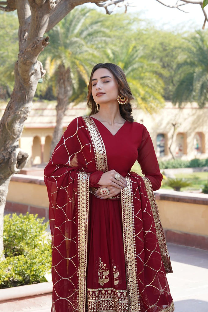 Elegant Maroon V-Neck Faux Blooming Gown with Sequined Embroidery and Dupatta ClothsVilla