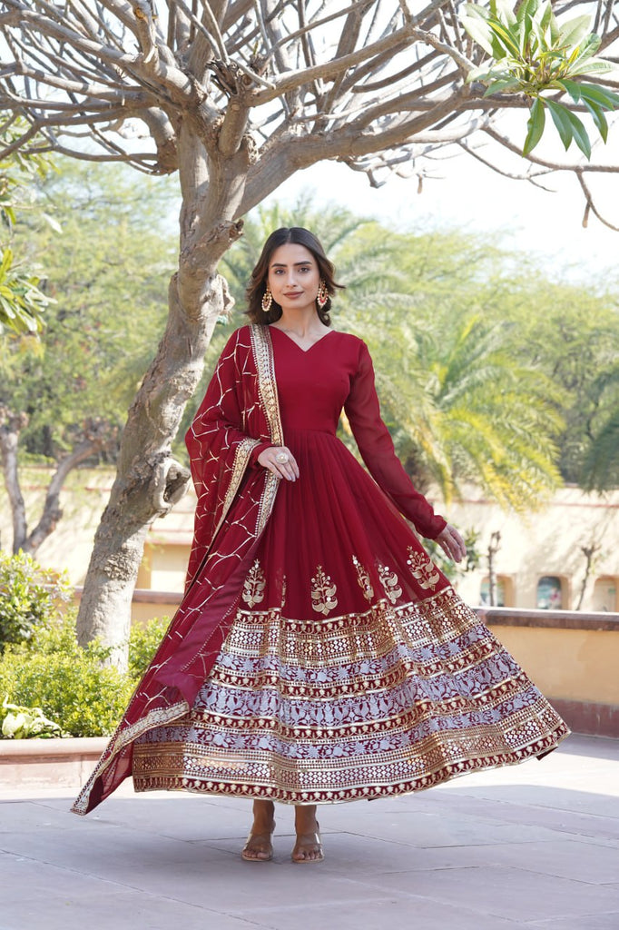 Elegant Maroon V-Neck Faux Blooming Gown with Sequined Embroidery and Dupatta ClothsVilla