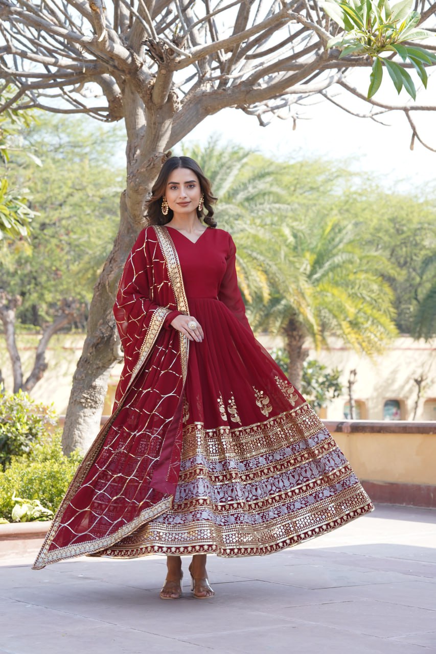 Elegant Maroon V-Neck Faux Blooming Gown with Sequined Embroidery and Dupatta ClothsVilla