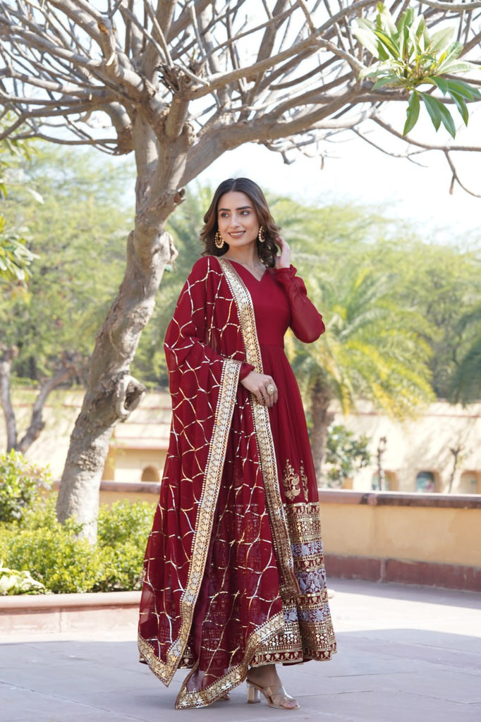 Elegant Maroon V-Neck Faux Blooming Gown with Sequined Embroidery and Dupatta ClothsVilla