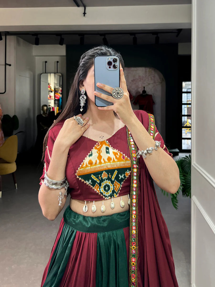 Maroon Vibrant Printed Silk Lehenga with Gamthi & Mirror Work ClothsVilla