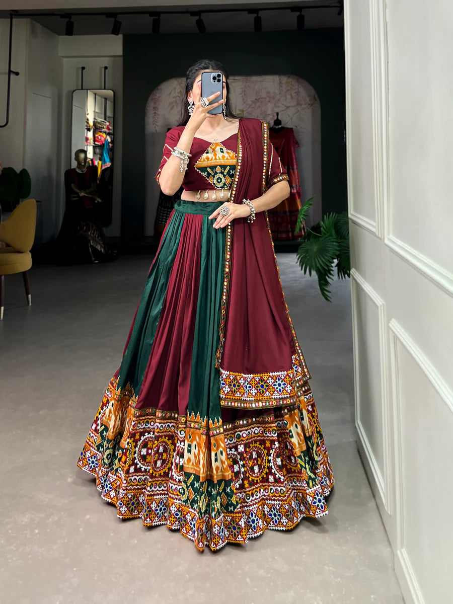 Maroon Vibrant Printed Silk Lehenga with Gamthi & Mirror Work ClothsVilla