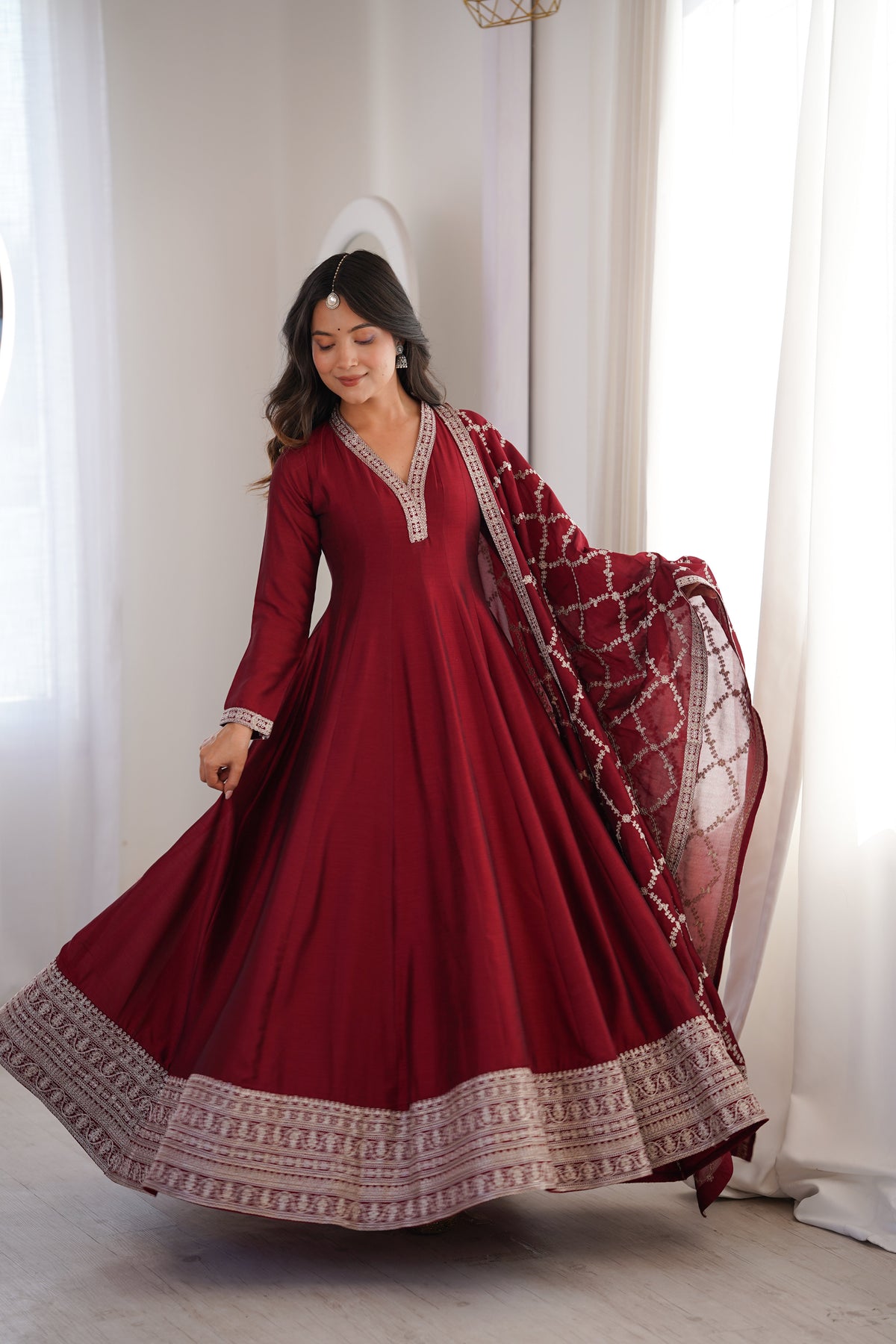 Maroon Vichitra Silk Kali Anarkali Set Clothsvilla Main image