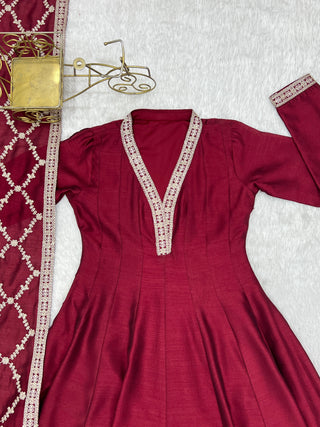 Maroon Vichitra Silk Kali Anarkali Set Clothsvilla