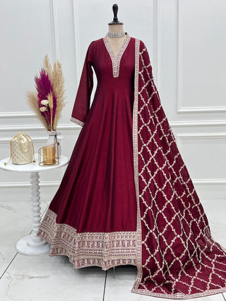 Maroon Vichitra Silk Kali Anarkali Set Clothsvilla