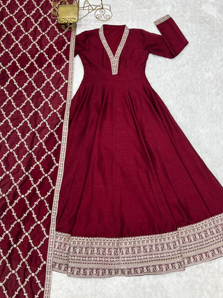 Maroon Vichitra Silk Kali Anarkali Set Clothsvilla