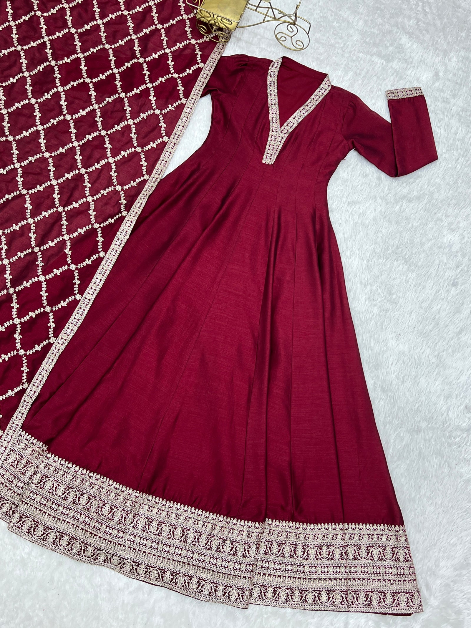 Maroon Vichitra Silk Kali Anarkali Set Clothsvilla