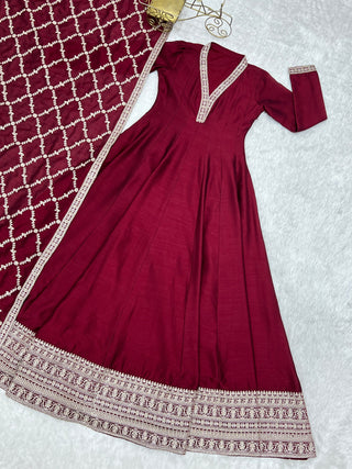 Maroon Vichitra Silk Kali Anarkali Set Clothsvilla