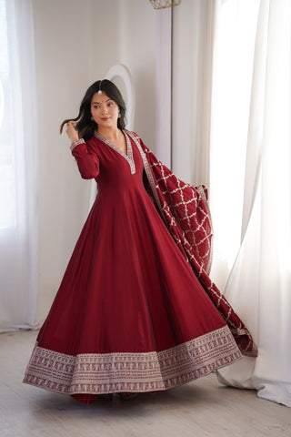 Maroon Vichitra Silk Kali Anarkali Set Clothsvilla
