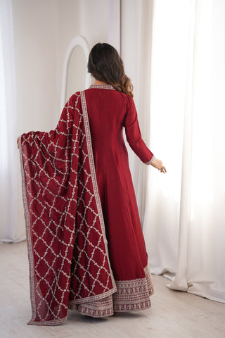 Maroon Vichitra Silk Kali Anarkali Set Clothsvilla