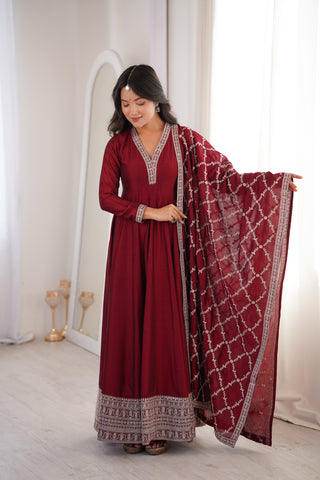 Maroon Vichitra Silk Kali Anarkali Set Clothsvilla