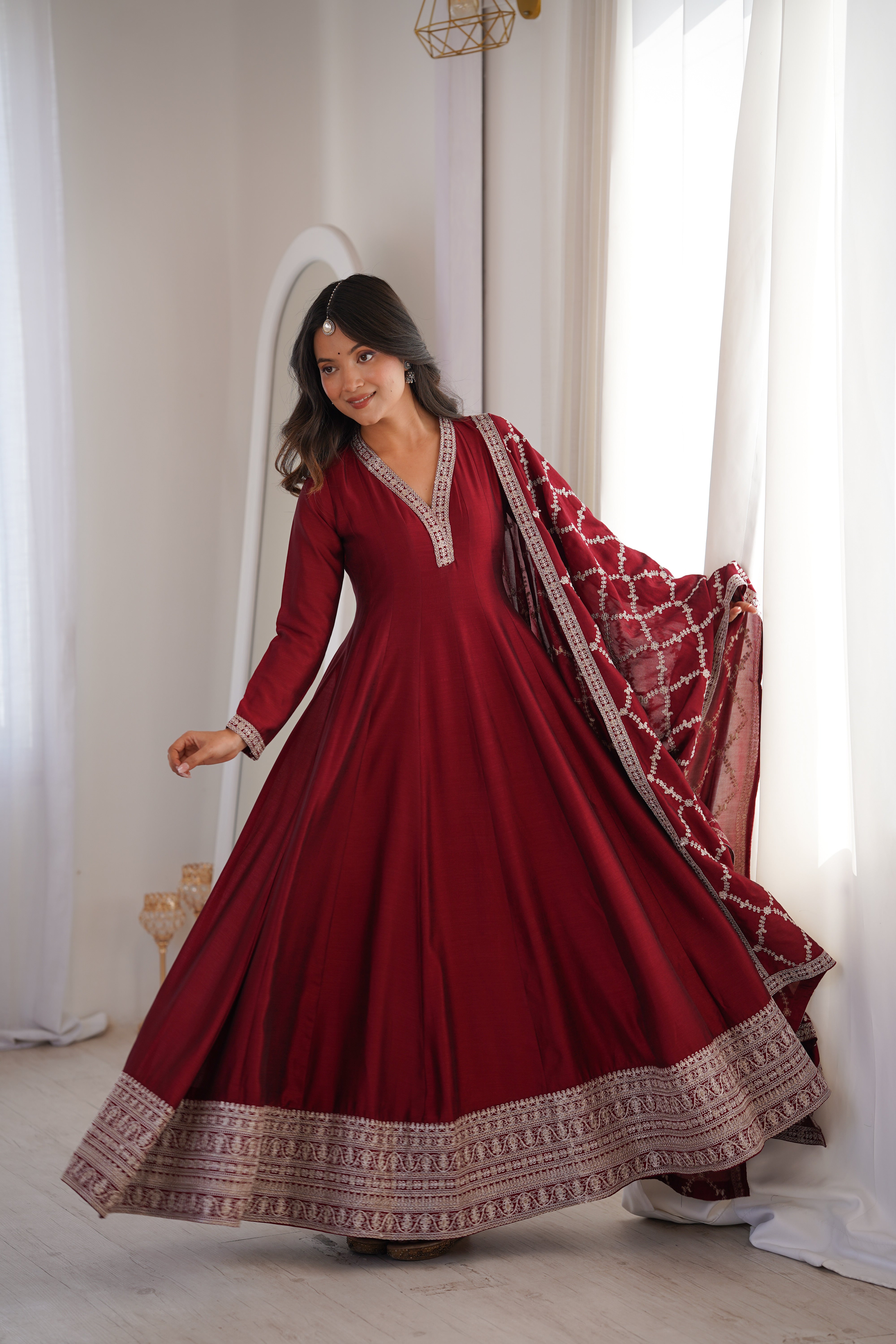 Maroon Vichitra Silk Kali Anarkali Set Secondary image