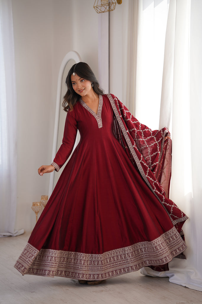 Maroon Vichitra Silk Kali Anarkali Set Clothsvilla