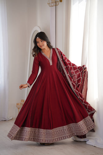 Maroon Vichitra Silk Kali Anarkali Set Clothsvilla