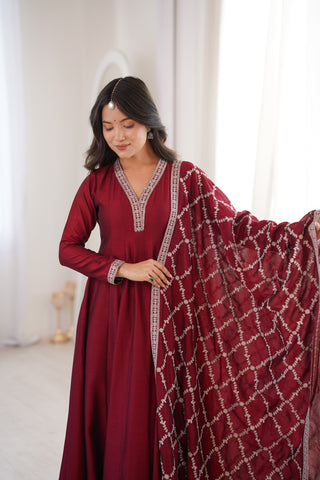 Maroon Vichitra Silk Kali Anarkali Set Clothsvilla