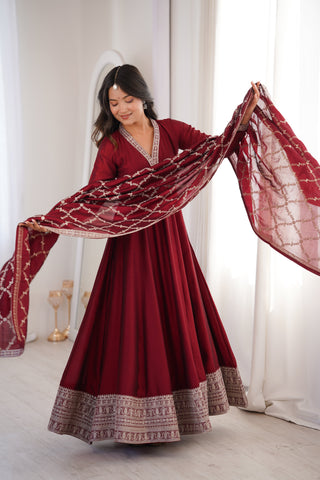 Maroon Vichitra Silk Kali Anarkali Set Clothsvilla