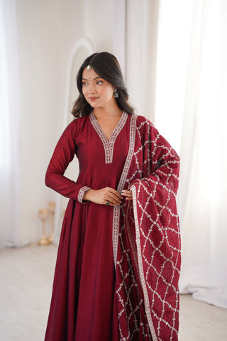 Maroon Vichitra Silk Kali Anarkali Set Clothsvilla