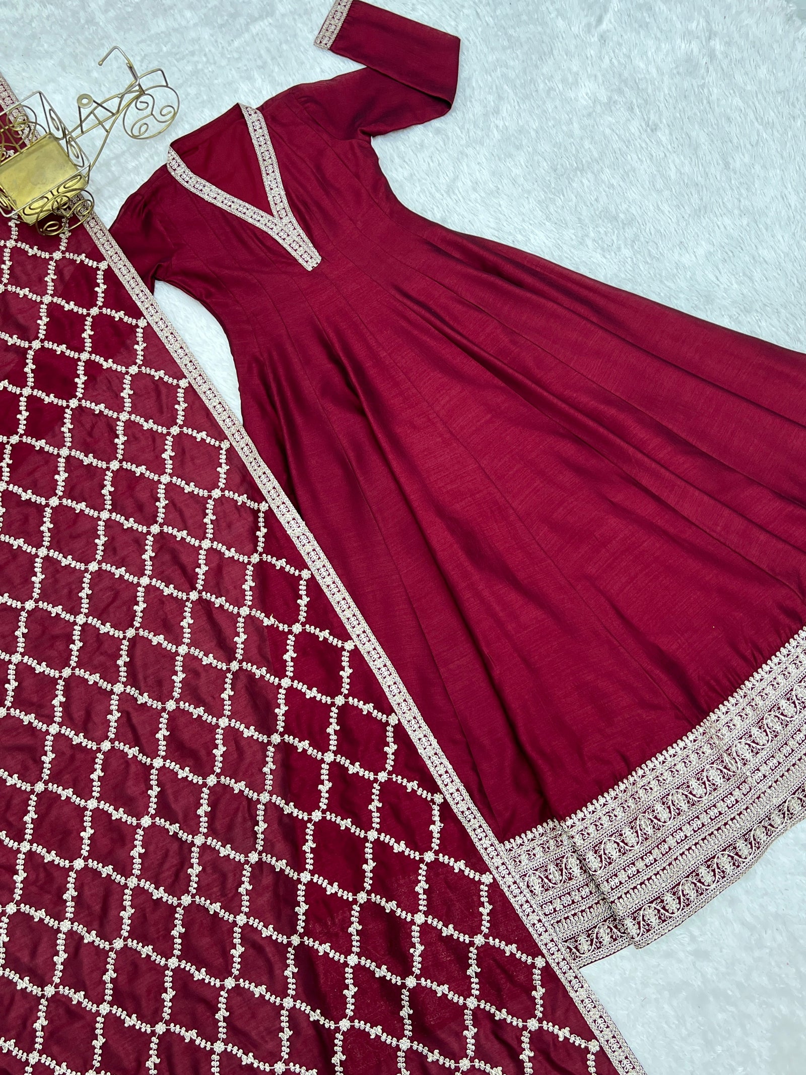 Maroon Vichitra Silk Kali Anarkali Set Clothsvilla