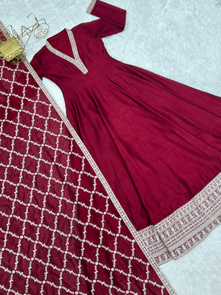 Maroon Vichitra Silk Kali Anarkali Set Clothsvilla