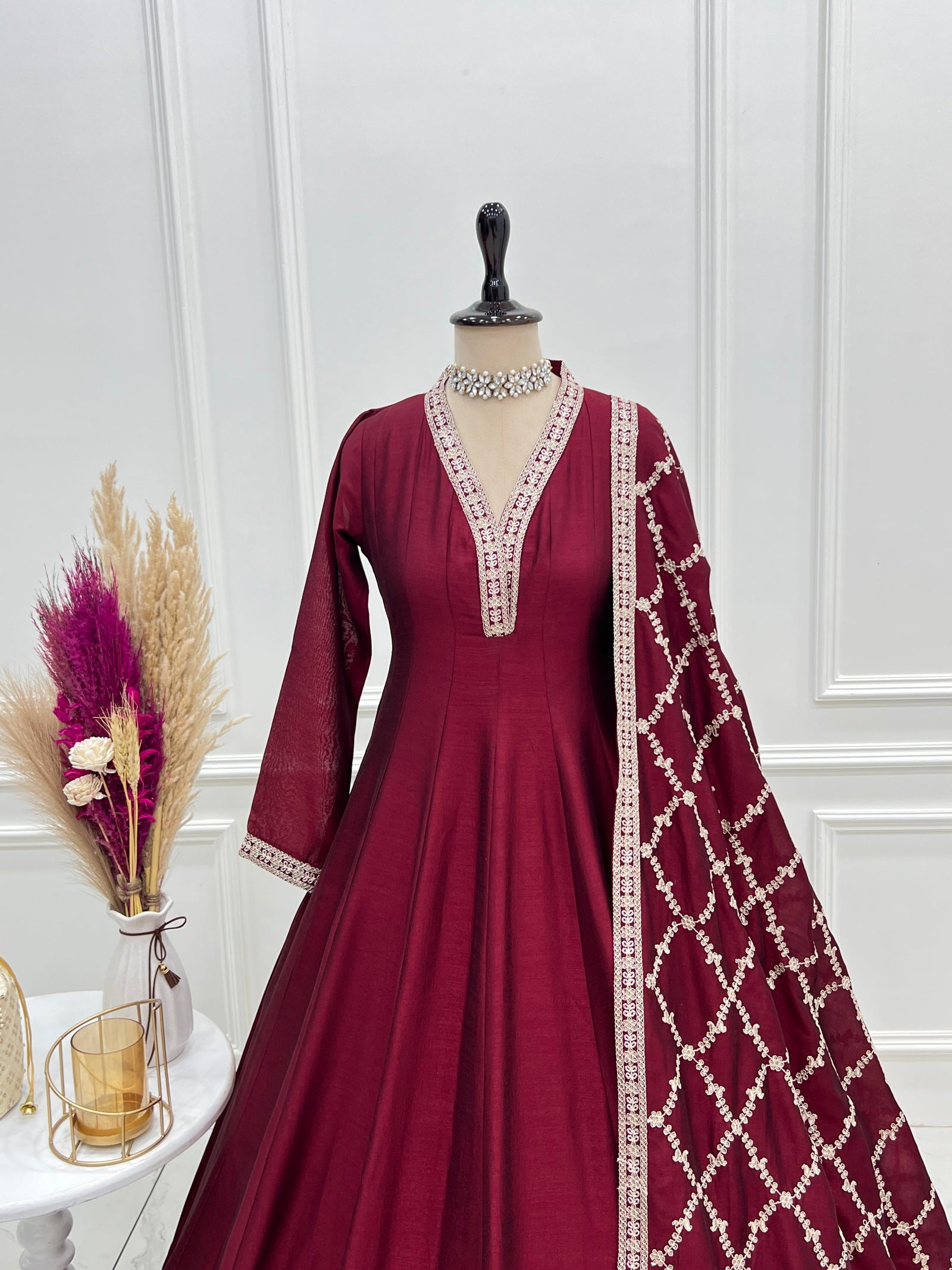 Maroon Vichitra Silk Kali Anarkali Set Clothsvilla
