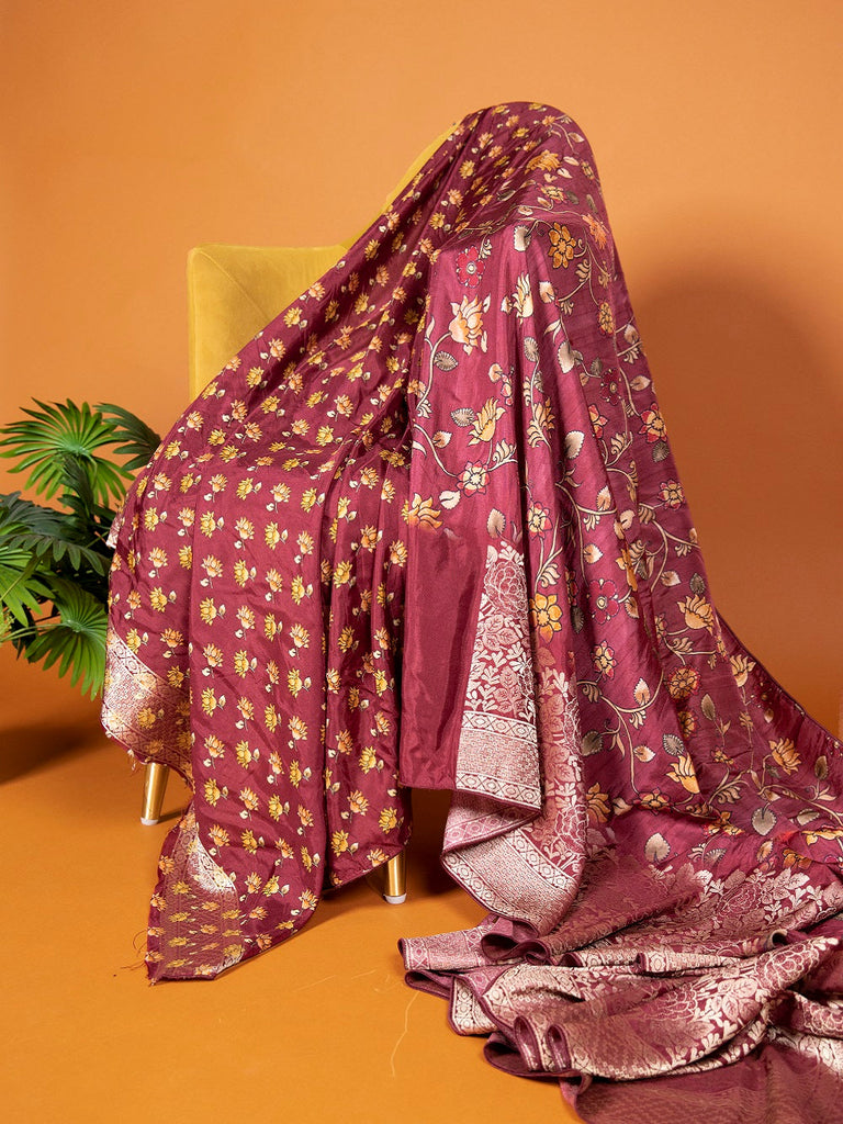 Maroon Viscose Kalamkari Saree with Zari Weaving & Tassels