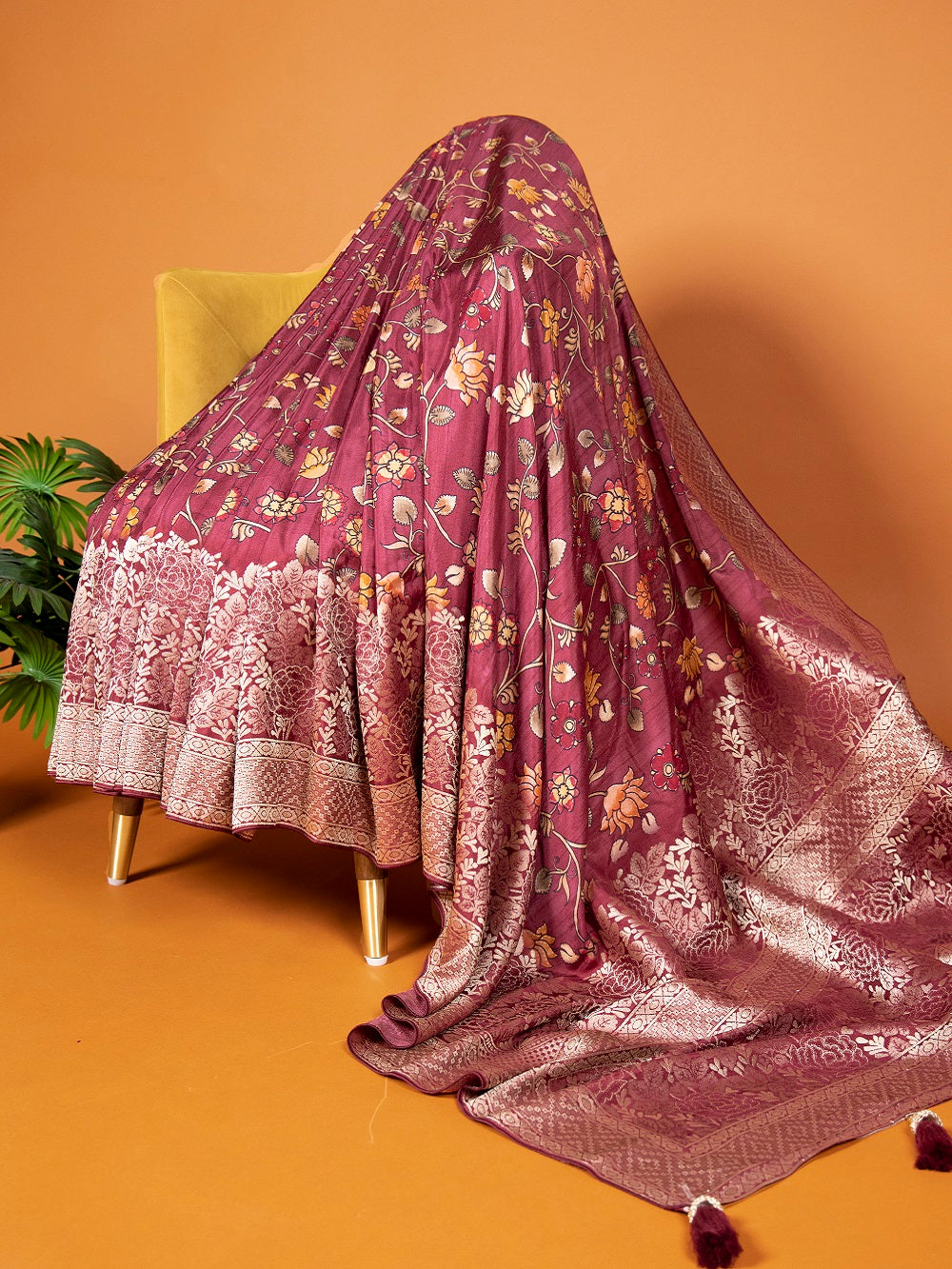 Maroon Viscose Kalamkari Saree with Zari Weaving & Tassels ClothsVilla